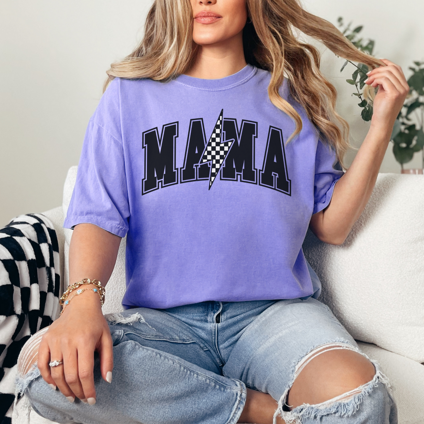 Mama Retro Checkered Lightning Bolt T-Shirt - Jewel Tones