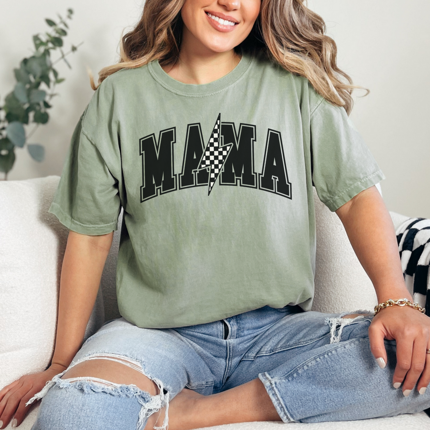 Mama Retro Checkered Lightning Bolt T-Shirt - Naturals