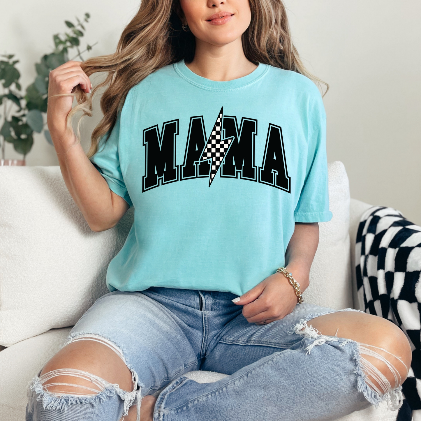 Mama Retro Checkered Lightning Bolt T-Shirt - Brights