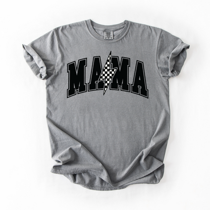 Mama Retro Checkered Lightning Bolt T-Shirt - Naturals