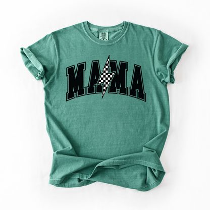 Mama Retro Checkered Lightning Bolt T-Shirt - Naturals