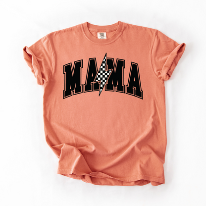 Mama Retro Checkered Lightning Bolt T-Shirt - Naturals